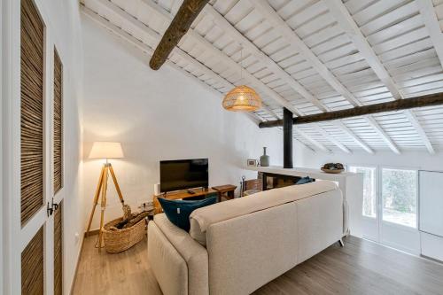 a living room with a couch and a television at Teal and Green - Alqueva Country House in Amieira