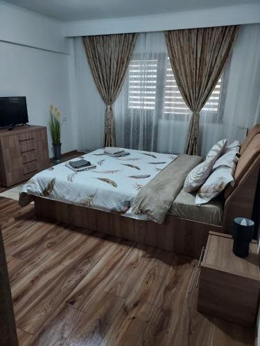 a bedroom with a large bed and a wooden floor at Studio Ștefan in Călimăneşti