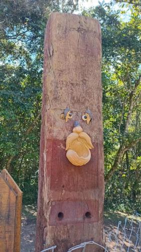 a wooden tree with a moustache on it at Chalé Refúgio dos Gnomos in Visconde De Maua