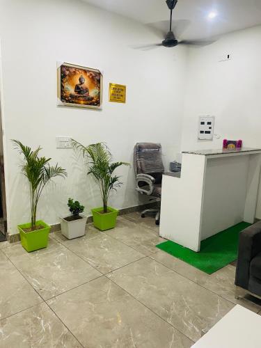 an office with three potted plants in a room at Jannat Hotel & Restaurant in Karnāl