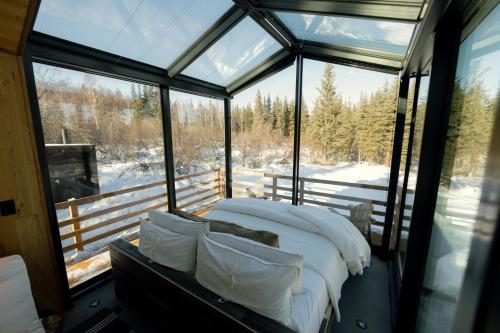 a bed in a glass room with a view of trees at Wilding Hotels Fairbanks in Fairbanks