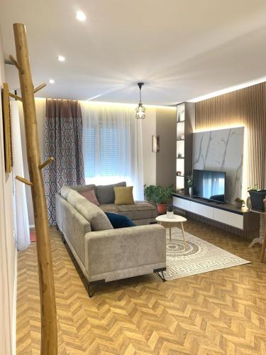 a living room with a couch and a television at Tirana Magnifique Apartments in Tirane