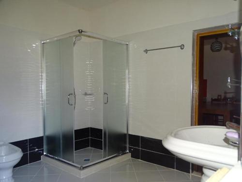 Un baño con ducha, lavabo e inodoro. en Ilia Gloria house, en Berat