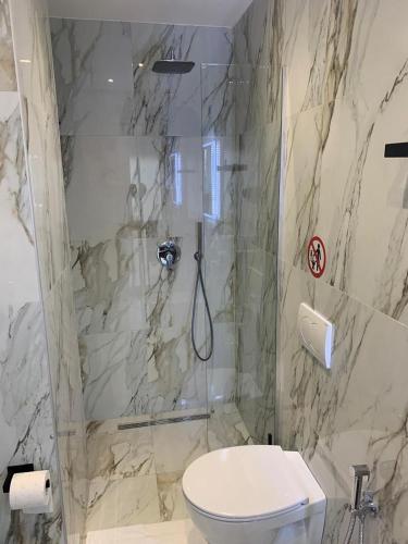 a bathroom with a shower and a toilet in it at Tirana Magnifique Apartments in Tirane