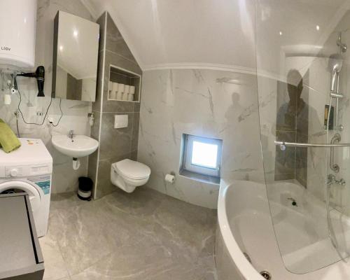 a bathroom with a shower and a toilet and a sink at Grüner See Hotel & Residenzen in Oberort