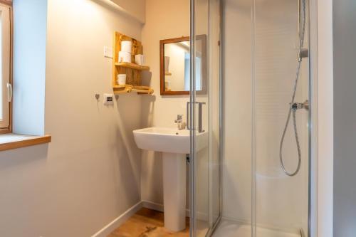 a bathroom with a sink and a shower at B&B Il Gufo in Erto
