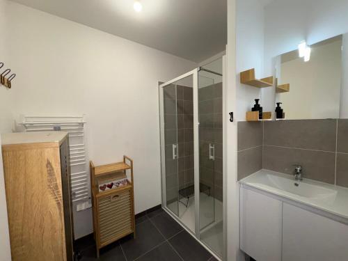 une salle de bain avec un lavabo et une douche dans l'établissement Maison neuve proche forêt, 2 chambres, parking privatif - FR-1-323-572, à Saint-Jean-de-Monts