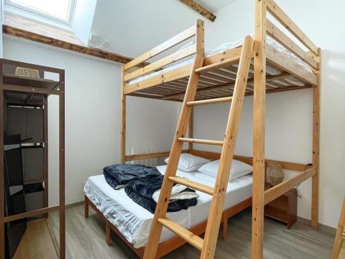 a bunk bed in a room with a ladder at Maison rénovée avec WIFI et animaux admis, près de la Suisse Normande - FR-1-497-242 in Saint-Pierre-du-Regard
