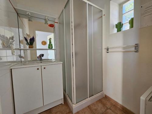 une salle de bain avec une douche, un lavabo et un miroir dans l'établissement Maisonnette confort 7 pers, accès plage direct - FR-1-476-237, à La Faute-sur-Mer
