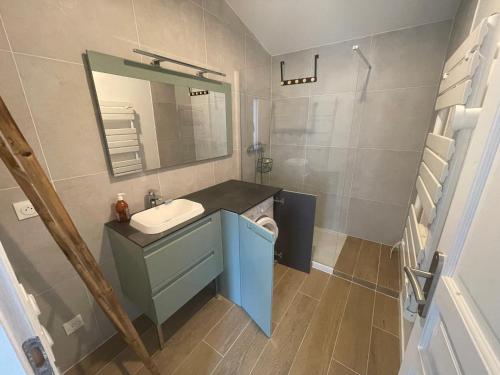 une salle de bain avec un lavabo et un miroir dans l'établissement Maison rénovée au calme, animaux admis, 5 personnes - FR-1-476-239, à Saint-Michel-en-lʼHerm
