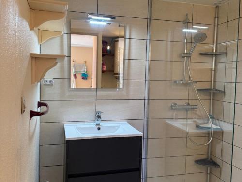 une salle de bain avec un lavabo et un miroir dans l'établissement Charmant pavillon T3 à Argelès-sur-Mer, proche de la mer - FR-1-732-100, à Argelès-sur-Mer