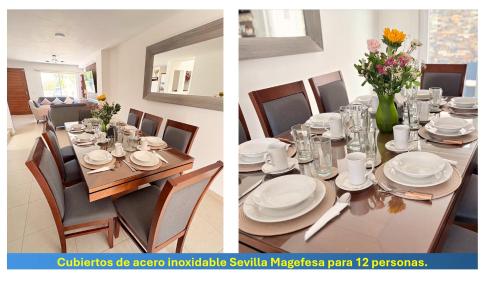 two pictures of a dining room table with plates and flowers at AdyHouse Tres Cantos in Cedro