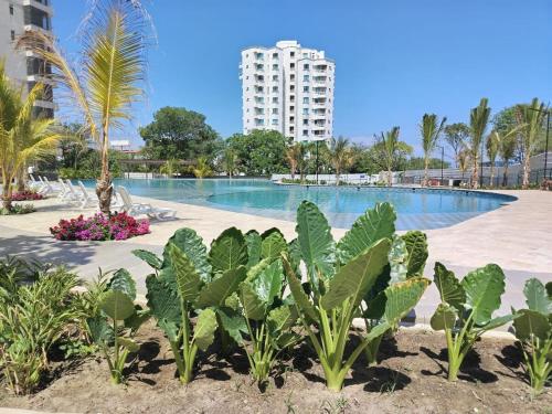 a large swimming pool with a building in the background at Un Espacio para soñar in Santa Marta