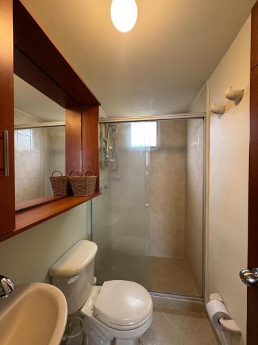 a bathroom with a shower and a toilet and a sink at Cantabria in Manizales