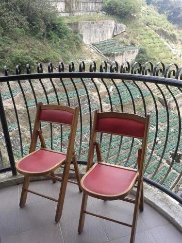 two chairs sitting on top of a balcony with birds at Rose Apartment Kea Farm in Cameron Highlands
