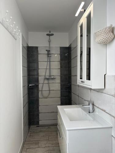 a white bathroom with a sink and a shower at Charmante Ferienwohnung mit Segelmöglichkeit in Jois
