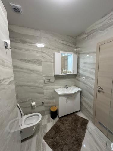 a bathroom with a toilet and a sink and a mirror at Stunning Sea View - Brand New Apartments in Kotor