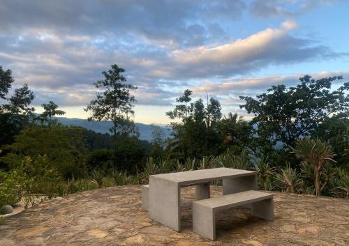 a concrete bench sitting on top of a hill at The Lone Pine - Architect's Villa for adventure & retreat in Payingomuwa