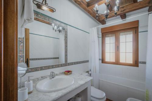 une salle de bain avec un lavabo, des toilettes et un miroir dans l'établissement Casa rural Las Eras de Riofrio, à Ríofrío