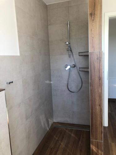 a shower with a shower head in a bathroom at Feriendomizil-SeeSand-2 in Gammendorf
