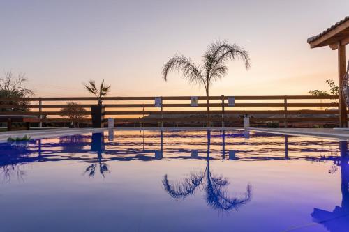 a swimming pool with a palm tree and a fence at RELAXING POOL HOUSE IN LAGONISI 1 in Kalívia Thorikoú