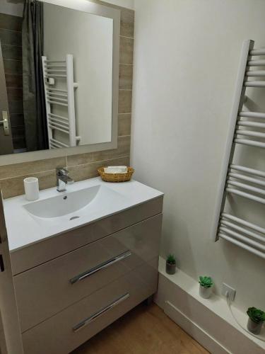 une salle de bain avec un lavabo et un miroir dans l'établissement Maison de ville Côte de Nacre, à Douvres-la-Délivrande