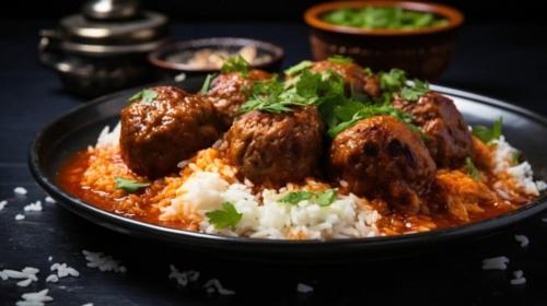 a plate of food with meatballs and rice on a table at Cozy Villa with amazing location close both to the city and nature in Upplands-Väsby