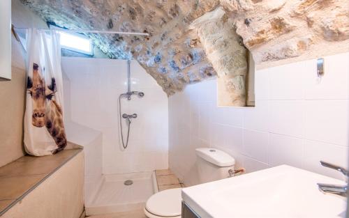une salle de bain avec une girafe au plafond dans l'établissement Le boum coeur douillet troglodyte jardin wifi pk, à Millau