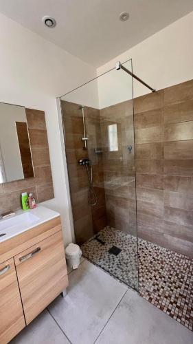 a bathroom with a shower and a toilet and a sink at Mini Villa Pascal Paoli avec piscine - proche mer in Prunelli-di-Fiumorbo