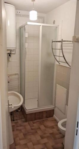 une salle de bain avec une douche, des toilettes et un lavabo dans l'établissement Studio en bord de mer, à Saint Cyprien Plage