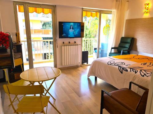 Телевизор и/или развлекательный центр в STUDIO BALCON CALME AVEC PARKING 5mn de la MER