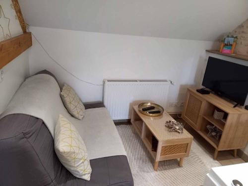 een kleine woonkamer met een bank en een televisie bij Séjour à la campagne - Logement cosy et chaleureux in Courgains