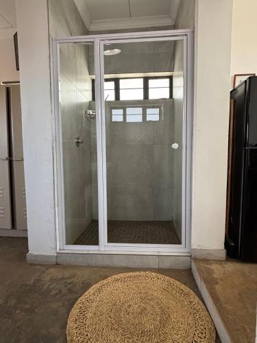 a glass shower door in a room with a rug at Dewdrop Farm Stay in Ermelo