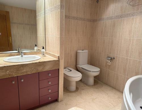 a bathroom with a toilet and a sink and a mirror at Teruel La Vaquilla in Teruel