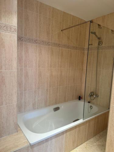 a bath tub with a glass shower in a bathroom at Teruel La Vaquilla in Teruel