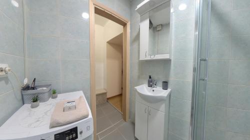 Un pequeño baño con lavabo y ducha. en Center Point apartment, en Belgrado