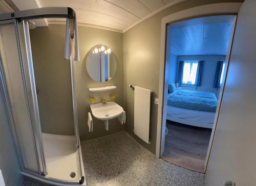 ein kleines Badezimmer mit Waschbecken und Spiegel in der Unterkunft Gasthof zum Schweizerhaus in Ricken
