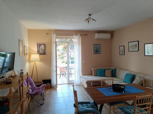 ein Wohnzimmer mit Sofa und Tisch in der Unterkunft Apartmani TOPLA - Zlokovic - apartman A3 i apartman A4 in Topla