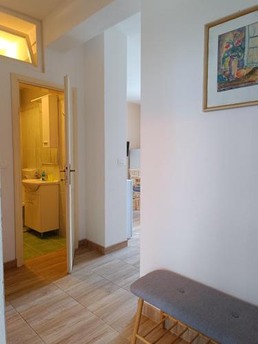 a room with a hallway with a table and a kitchen at Apartmani TOPLA - Zlokovic - apartman A3 i apartman A4 in Topla