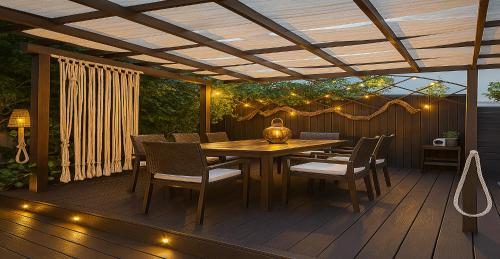 a wooden deck with a wooden table and chairs at Villa Small Paradise private pool, jacuzzi, BBQ, complete privacy in Ialyssos