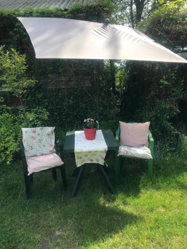 a table and two chairs under an umbrella at Ślimakowa chatka jak u babci in Parczew