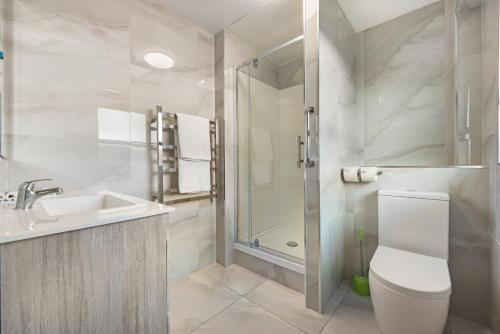 a bathroom with a toilet and a sink and a shower at Travel Air Motel in Auckland