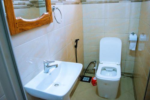 a bathroom with a sink and a toilet at MARK-A GARDEN HOTEL Kawe in Dar es Salaam