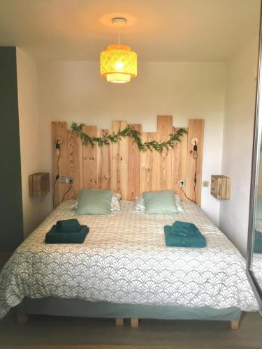 une chambre avec un grand lit avec des oreillers verts dans l'établissement Garden T2 city center Free parking on site, à Dax