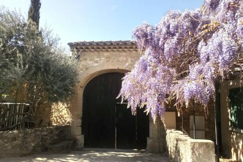 un arbre à fleurs violettes devant un garage dans l'établissement Chambre 2 dans Mas chez Sofi, à Maubec