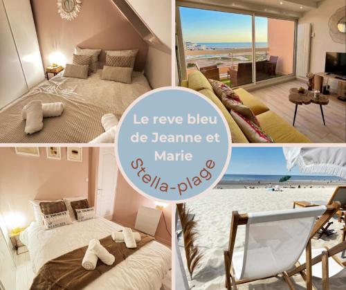 un collage de photos d'une chambre d'hôtel avec une chambre dans l'établissement Le rêve bleu de Jeanne et Marie-vue mer, à Cucq