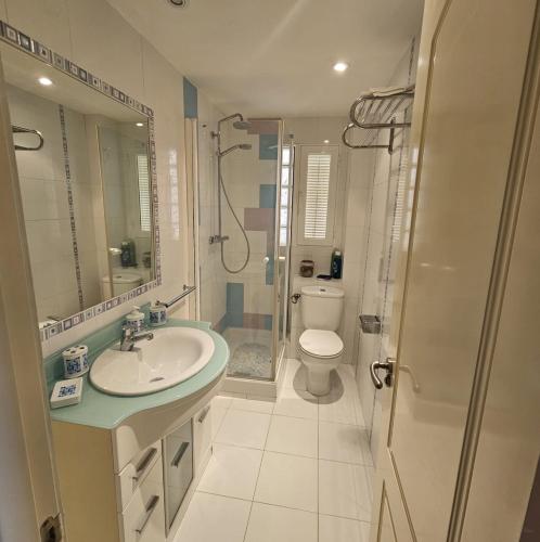 a bathroom with a sink and a toilet and a shower at Primera línea de playa espectacular 3 dormitorios in Almuñécar