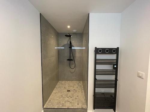 a bathroom with a shower with a glass door at Spacious Luxury Modern Villa with Pool, Beaches and Garden in Saint-Martin-de-Seignanx