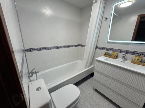 a bathroom with a toilet and a tub and a sink at Rei Túzaro in Milladoiro