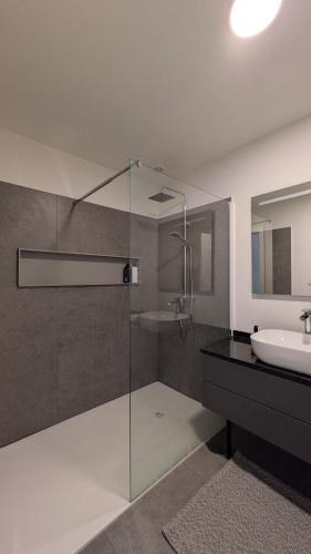 a bathroom with a glass shower and a sink at Castelo River View - NEW in Vila Nova de Gaia